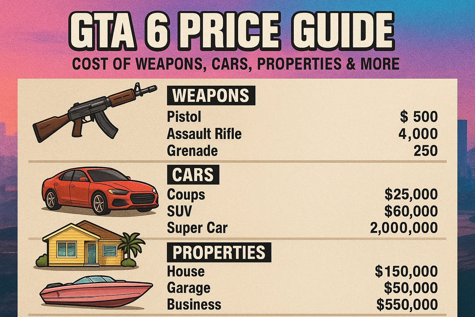 U4N - GTA 6 Price Guide: Cost of Weapons, Cars, Properties & More